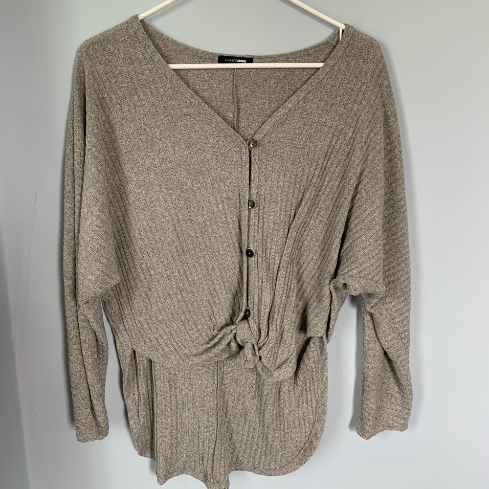 High-low button down tie sweater